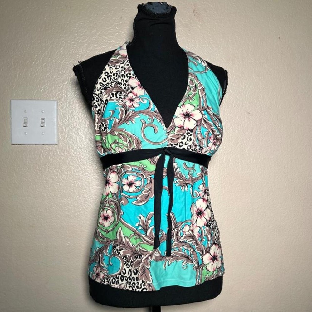 Pineapple Bay Y2K Turquoise Floral Wrap Halter Top Black Trim Size 16 XL Vintage